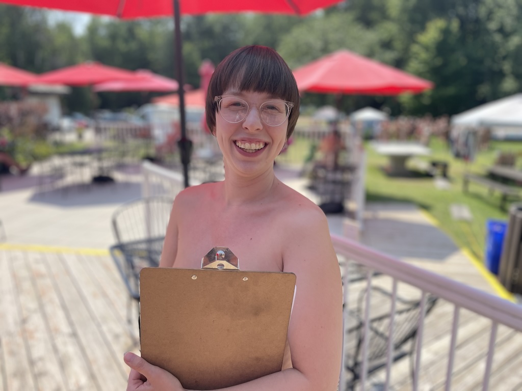 The new manager at Bare Oaks Family Naturist Park on the restaurant deck